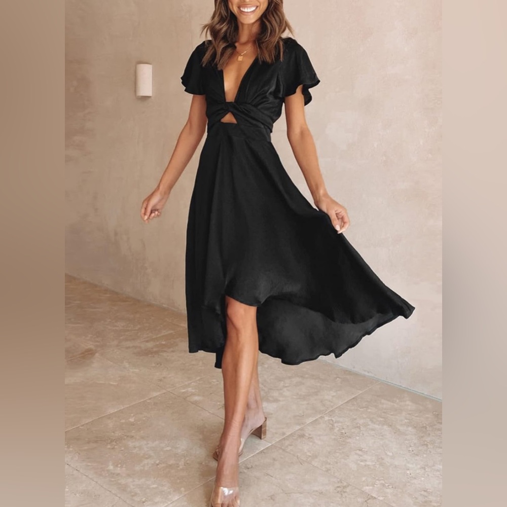 miduo Satin VNeck Ruffle Short Sleeve Tie Front High Waist Midi ALine Maxi Dress